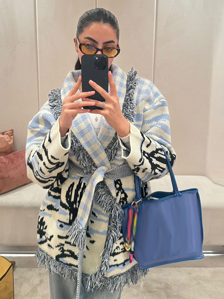 2026 Autumn Winter Print Knit  - Tassel Fringe Trim review and price